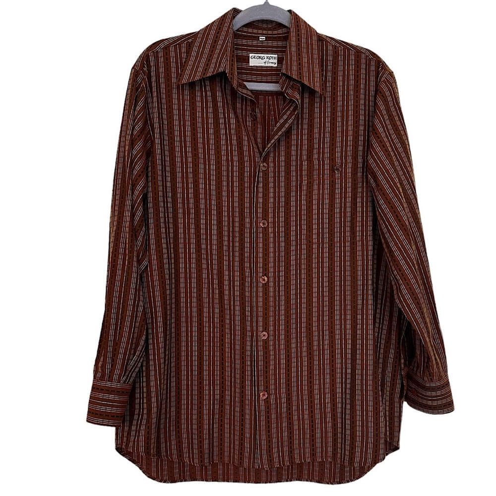 Men’s Georg Roth Of Germany Button-Down Shirt Long Sleeve Brown Striped Size M